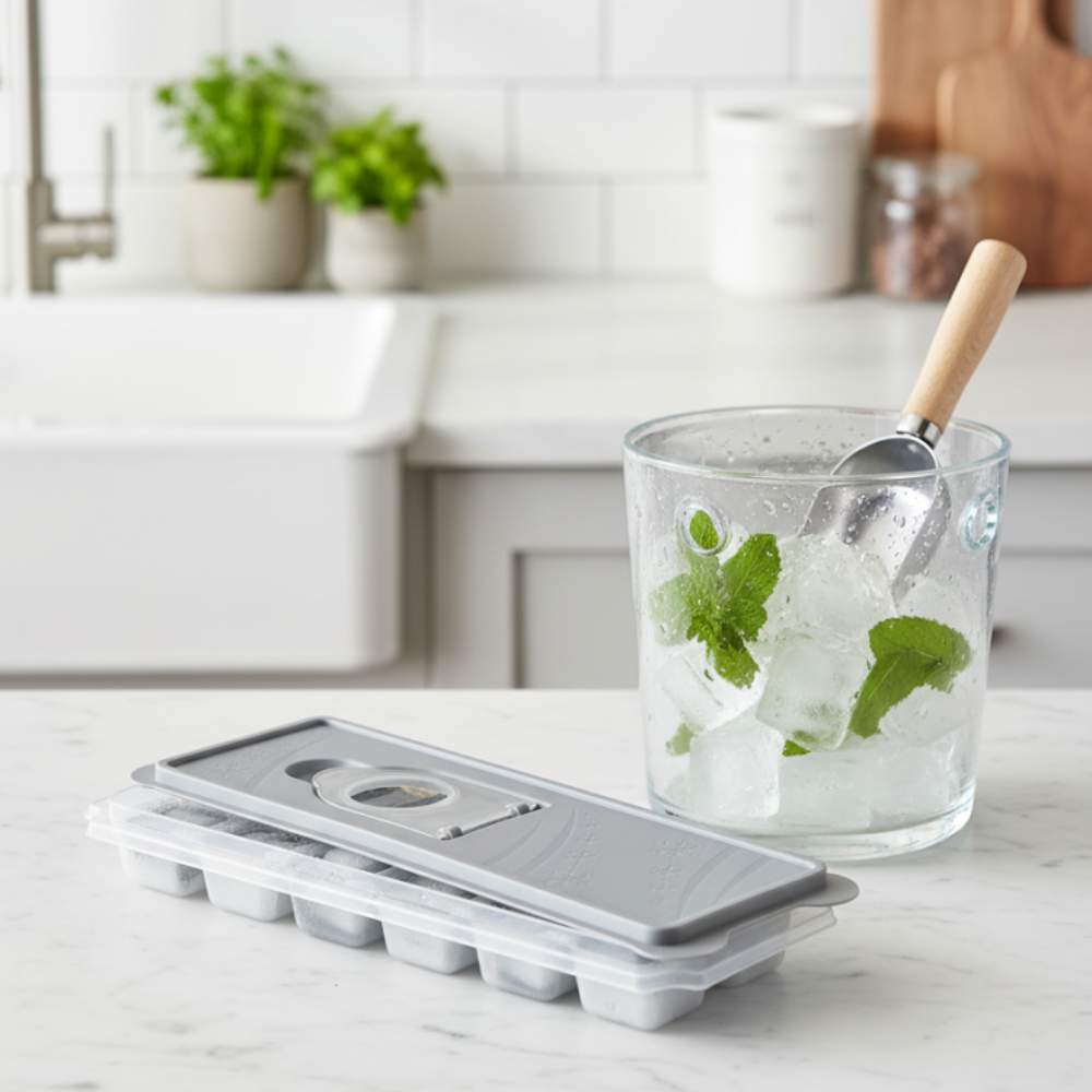 Forma Pentru Cuburi De Gheata Koken, Matrita din Plastic PP, Silicon alimentar, 12 cuburi, Capac cu deschidere suplimentara pentru apa, BPA Free, Gri, 9.5 x 27 x 3.5,