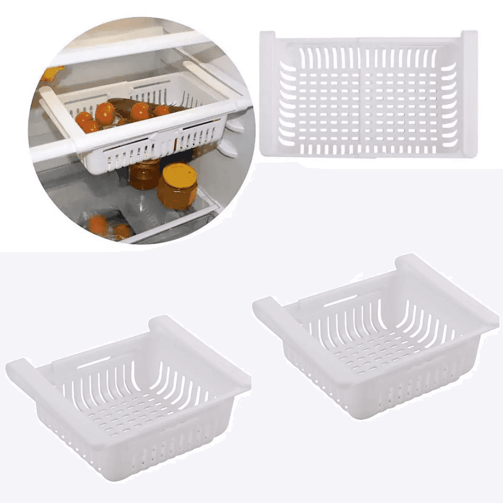 Organizator pentru frigider sau raft Extensibil Koken.ro, organizare eficientă, Cos de depozitare din plastic, depozitare convenabilă, aspect modern, 28x15.5x6 cm, Alb - köken