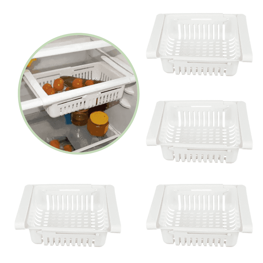 Organizator pentru frigider sau raft Extensibil Koken.ro, organizare eficientă, Cos de depozitare din plastic, depozitare convenabilă, aspect modern, 28x15.5x6 cm, Alb - köken