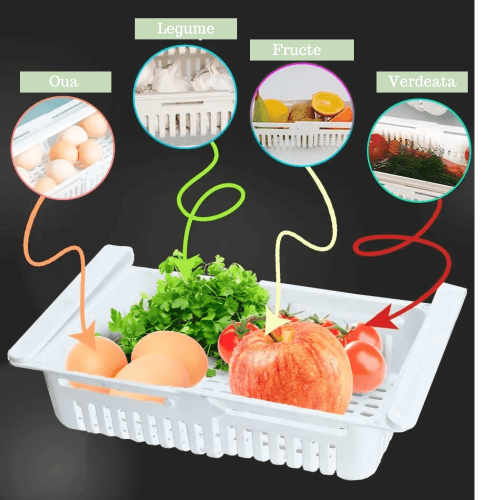 Organizator pentru frigider sau raft Extensibil Koken.ro, organizare eficientă, Cos de depozitare din plastic, depozitare convenabilă, aspect modern, 28x15.5x6 cm, Alb - köken