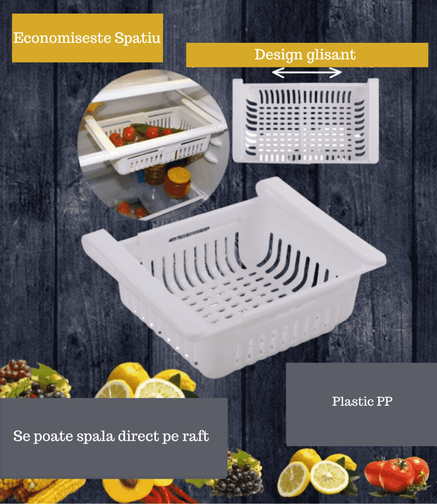 Organizator pentru frigider sau raft Extensibil Koken.ro, organizare eficientă, Cos de depozitare din plastic, depozitare convenabilă, aspect modern, 28x15.5x6 cm, Alb - köken