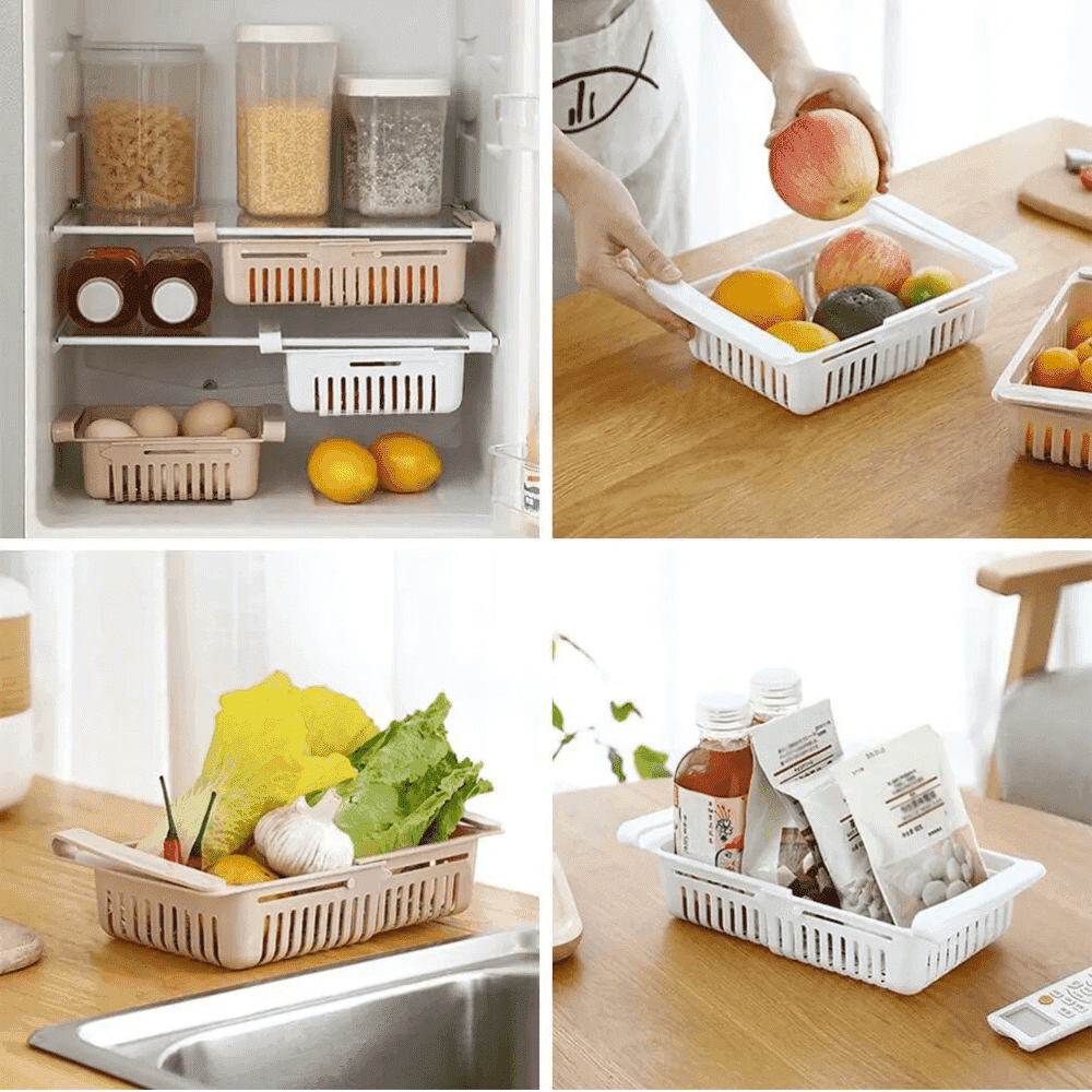 Organizator pentru frigider sau raft Extensibil Koken.ro, organizare eficientă, Cos de depozitare din plastic, depozitare convenabilă, aspect modern, 28x15.5x6 cm, Alb - köken