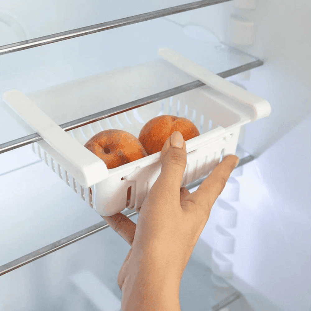 Organizator pentru frigider sau raft Extensibil Koken.ro, organizare eficientă, Cos de depozitare din plastic, depozitare convenabilă, aspect modern, 28x15.5x6 cm, Alb - köken