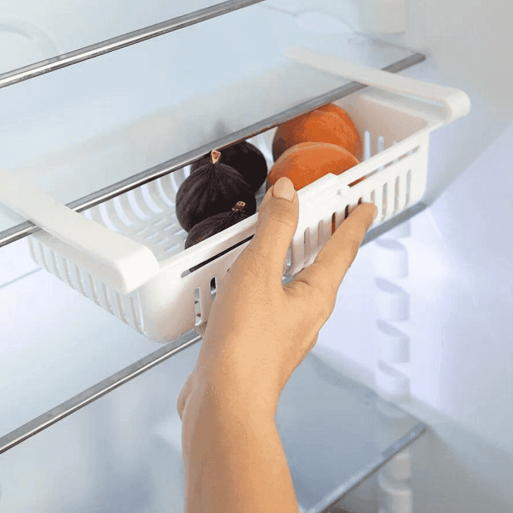 Organizator pentru frigider sau raft Extensibil Koken.ro, organizare eficientă, Cos de depozitare din plastic, depozitare convenabilă, aspect modern, 28x15.5x6 cm, Alb - köken
