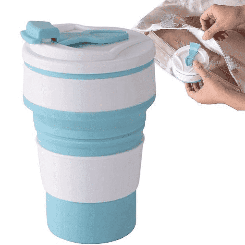Pahar Pliabil Koken.ro, Cana din Silicon alimentar, reutilizabila, 350 ml, pentru calatorii, camping, auto, activitati in aer liber, birou, 13,8x5,5x8 cm, Albastru/Alb - köken