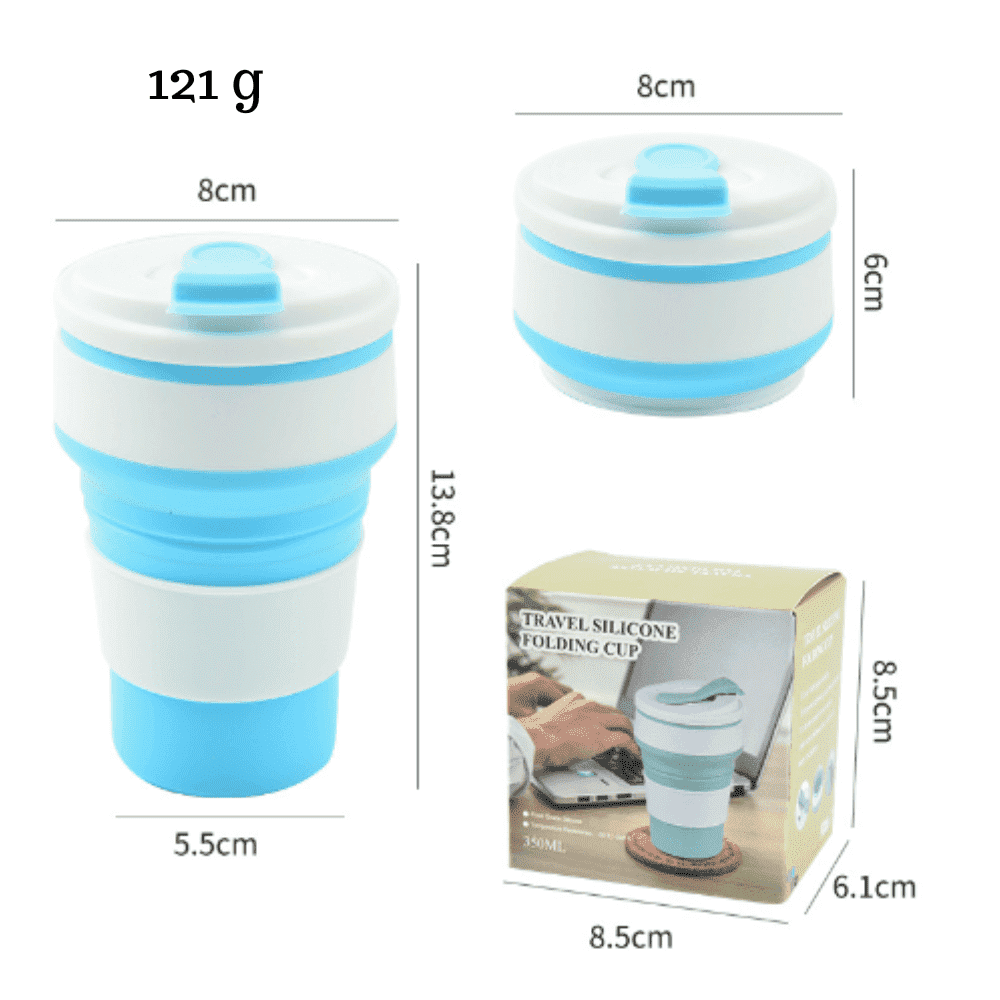 Pahar Pliabil Koken.ro, Cana din Silicon alimentar, reutilizabila, 350 ml, pentru calatorii, camping, auto, activitati in aer liber, birou, 13,8x5,5x8 cm, Albastru/Alb - köken