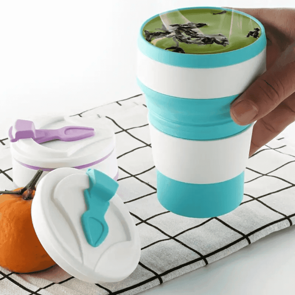 Pahar Pliabil Koken.ro, Cana din Silicon alimentar, reutilizabila, 350 ml, pentru calatorii, camping, auto, activitati in aer liber, birou, 13,8x5,5x8 cm, Albastru/Alb - köken