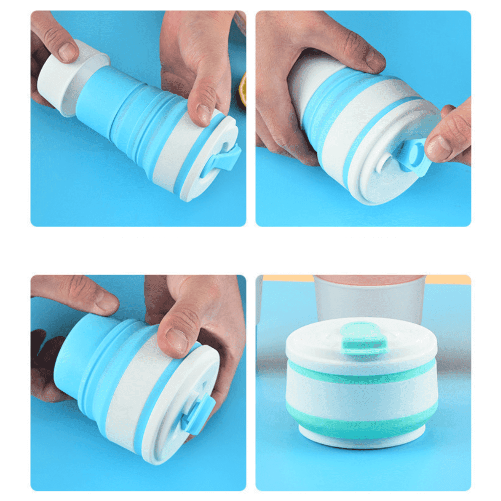Pahar Pliabil Koken.ro, Cana din Silicon alimentar, reutilizabila, 350 ml, pentru calatorii, camping, auto, activitati in aer liber, birou, 13,8x5,5x8 cm, Albastru/Alb - köken