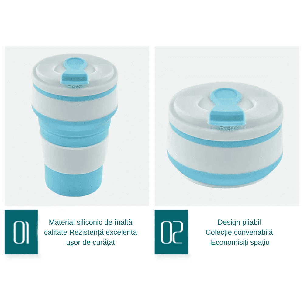 Pahar Pliabil Koken.ro, Cana din Silicon alimentar, reutilizabila, 350 ml, pentru calatorii, camping, auto, activitati in aer liber, birou, 13,8x5,5x8 cm, Albastru/Alb - köken