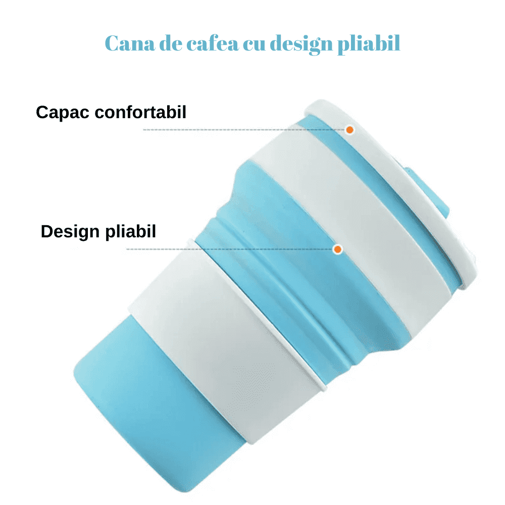 Pahar Pliabil Koken.ro, Cana din Silicon alimentar, reutilizabila, 350 ml, pentru calatorii, camping, auto, activitati in aer liber, birou, 13,8x5,5x8 cm, Albastru/Alb - köken