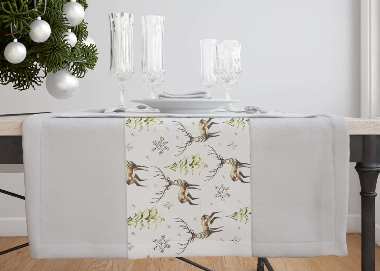 Traversa de masa 180x40cm, din bumbac impermeabil, fata de masa imprimeu Craciun 3D, Koken, Rezistenta la pete si murdarie
