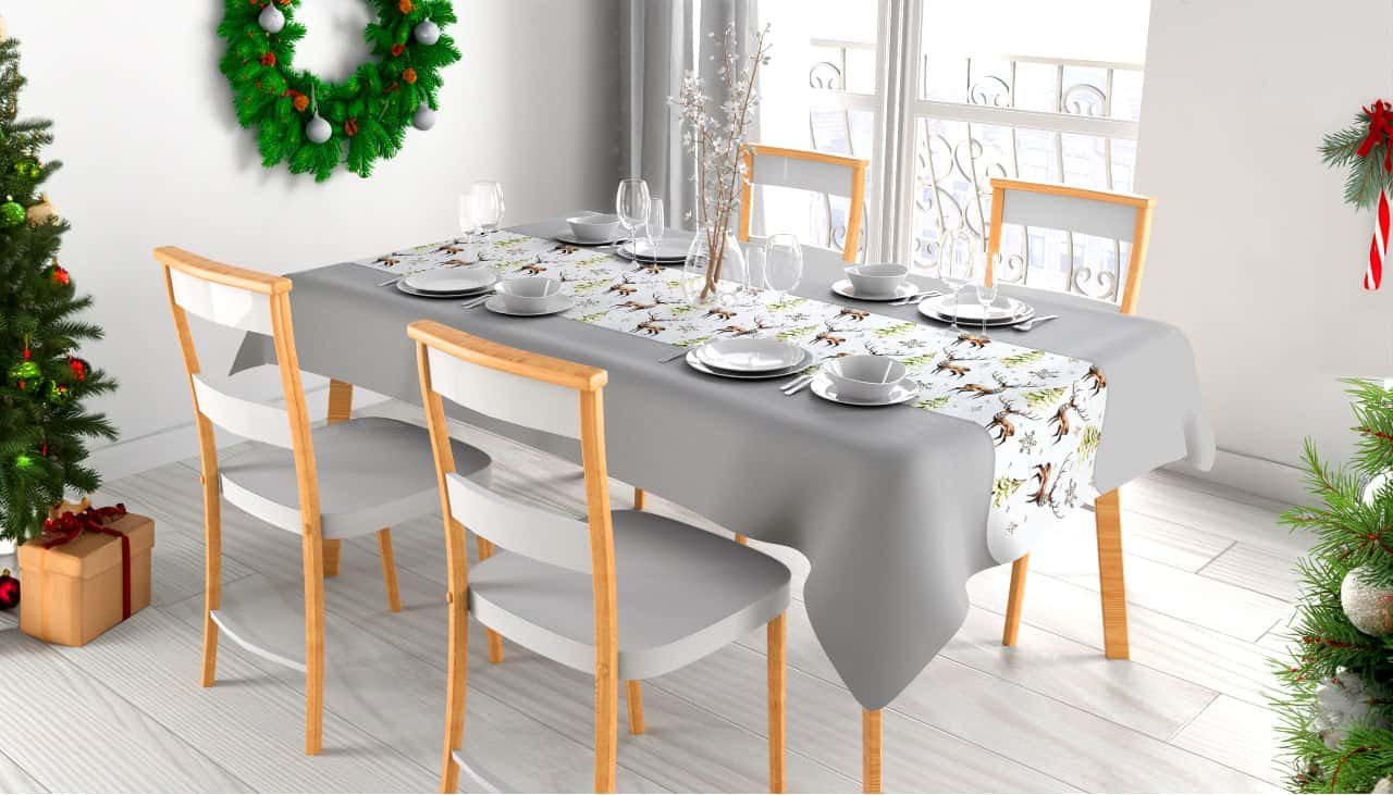 Traversa de masa 180x40cm, din bumbac impermeabil, fata de masa imprimeu Craciun 3D, Koken, Rezistenta la pete si murdarie
