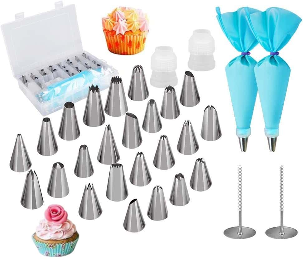Koken Pastry/Confectionery Set, 35 pieces, tips for decorating and decorating cakes, stainless steel/silicone, silver/blue 