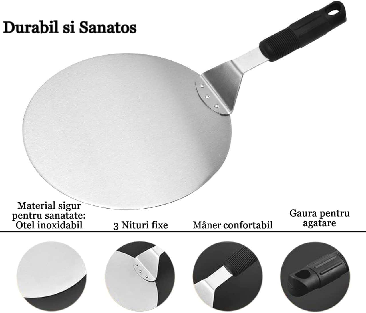 Koken pizza shovel, round stainless steel tray, plastic handle, spatula