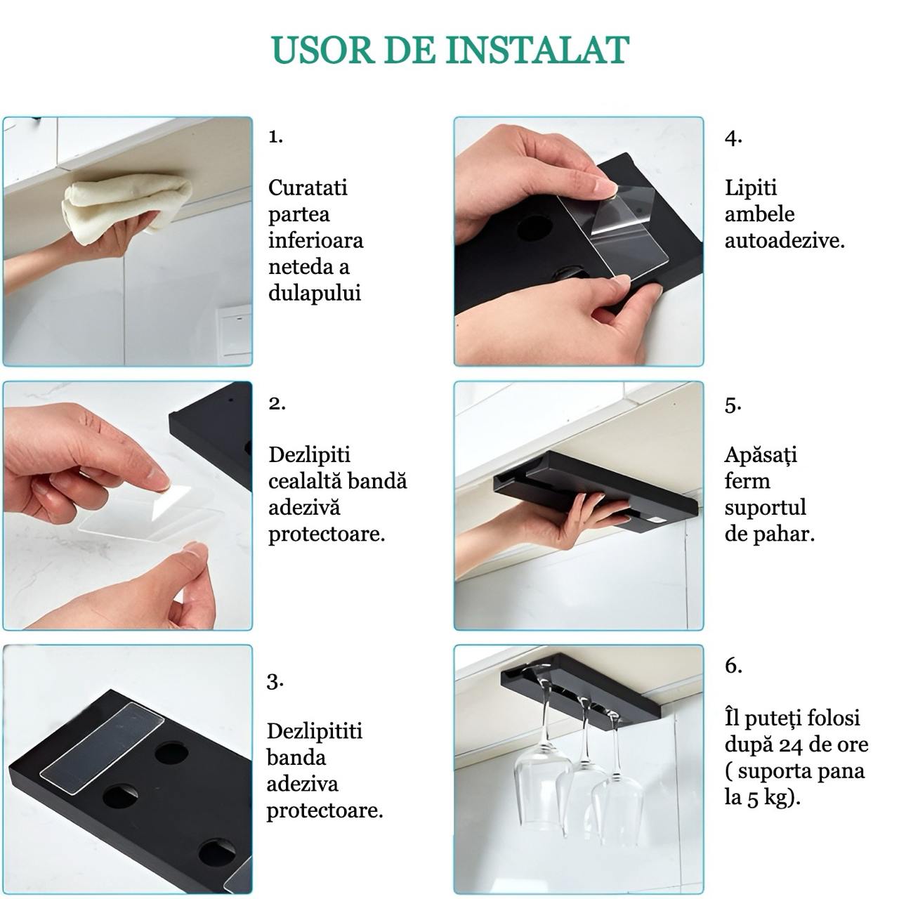 Suport suspendat pentru pahare cu picior Koken, potrivit pentru diverse tipuri de pahare, 2 x 11x 25 cm, Plastic/Negru