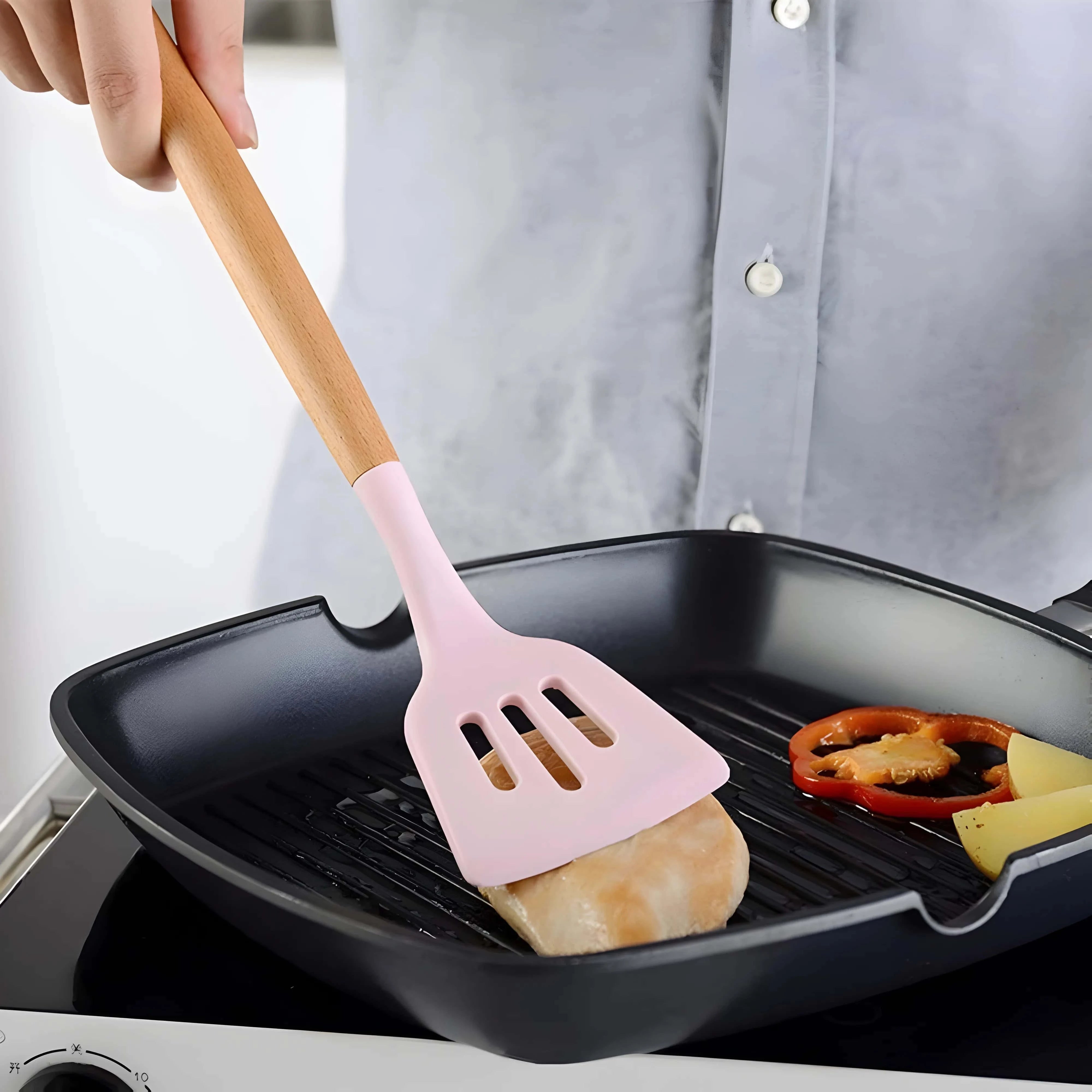 Set of 12 Koken Kitchen Utensils, Wood/Silicone, Plastic Holder, Non-Stick, Heat Resistant, Green/Pink + Spoon Holder