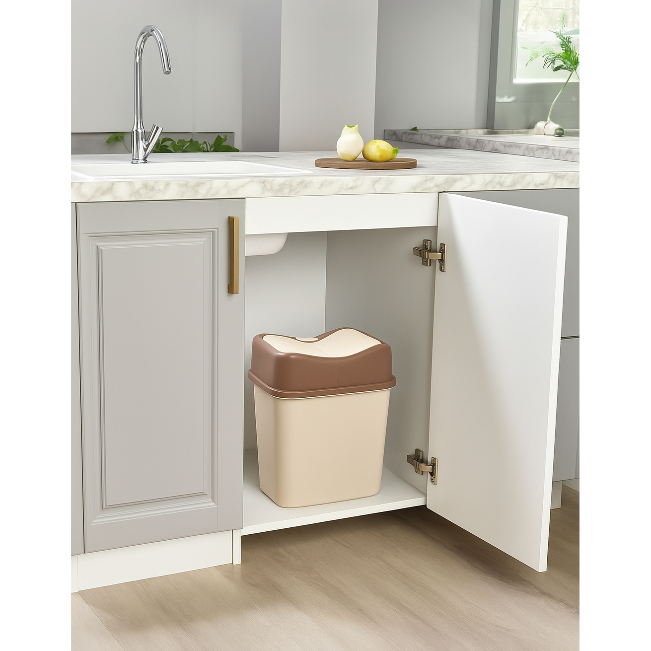 Cos de gunoi 10L Koken, cu capac rabatabil, cos de gunoi bucatarie, baie, birou, compact 38.8 x 18.9 x 24.3 cm, Plastic, Maro-Bej