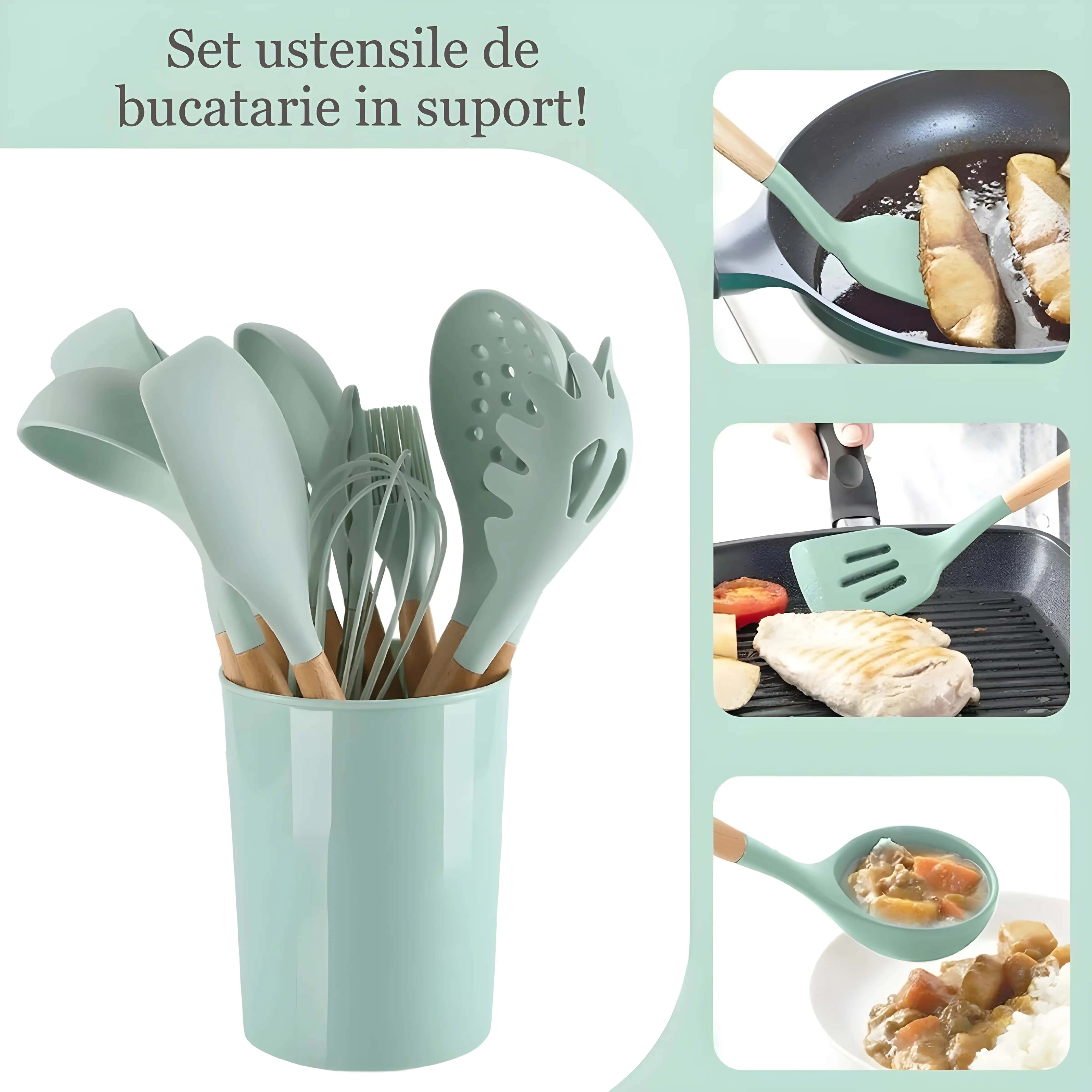 Set of 12 Koken Kitchen Utensils, Wood/Silicone, Plastic Holder, Non-Stick, Heat Resistant, Green/Pink + Spoon Holder