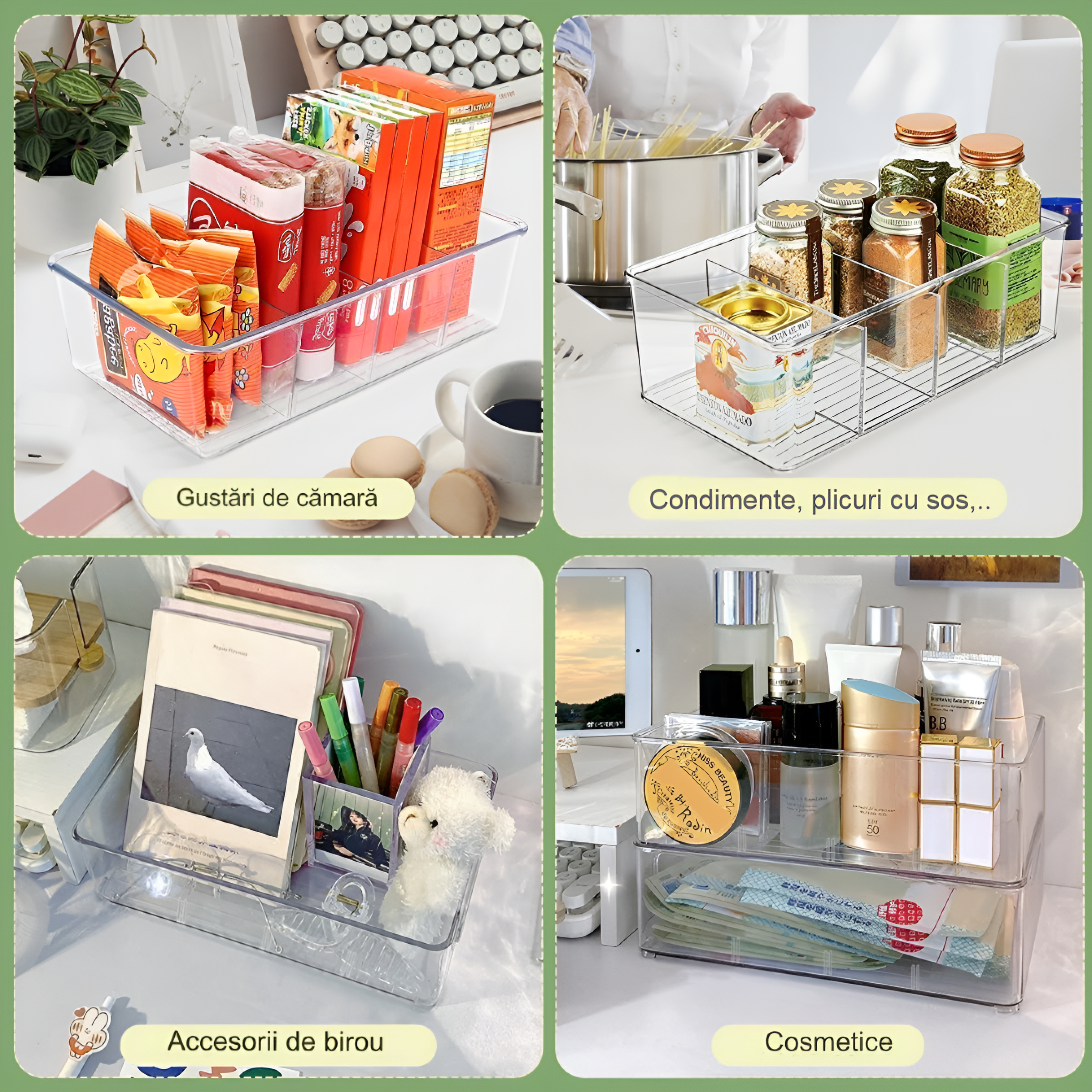 Cutie de depozitare Koken cu divizoare detașabile, pentru frigider, birou, bucatarie, transparenta si usor de curatat, 31,6 x 23,7 x 9,7 cm