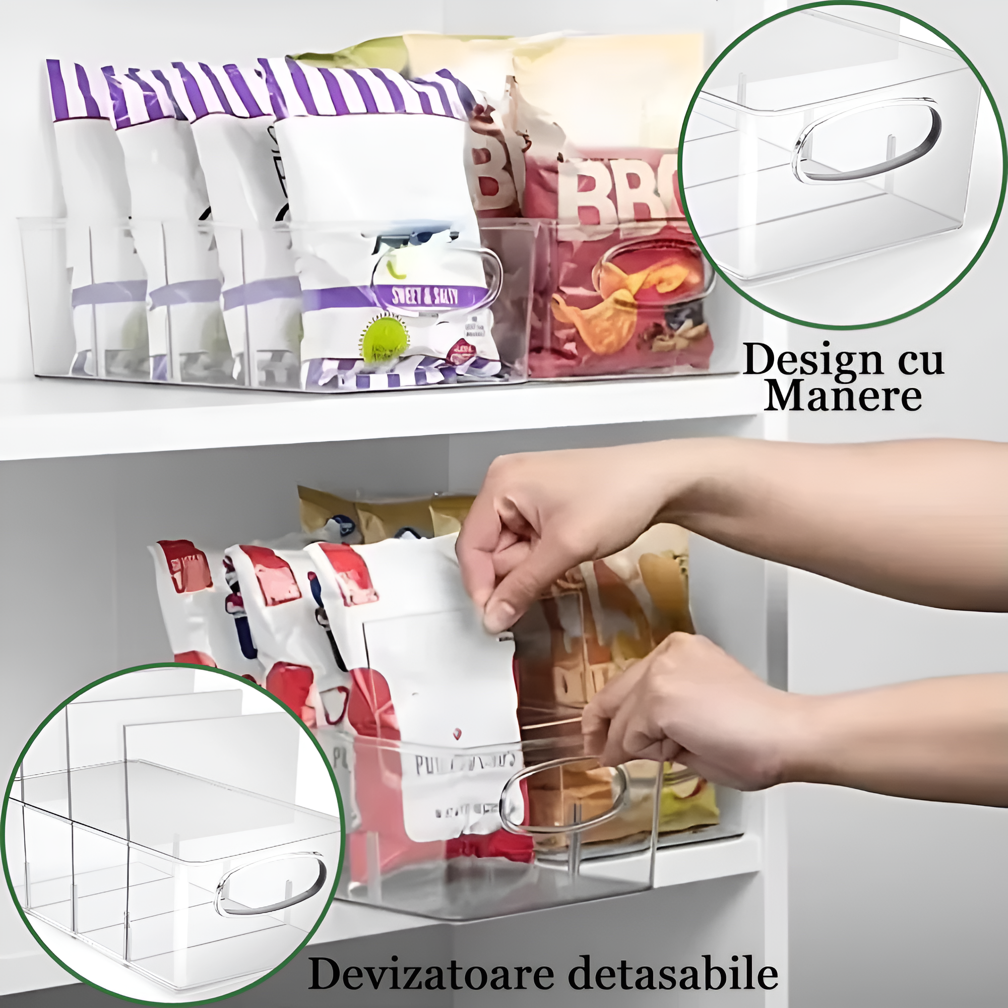 Cutie de depozitare Koken cu divizoare detașabile, pentru frigider, birou, bucatarie, transparenta si usor de curatat, 31,6 x 23,7 x 9,7 cm