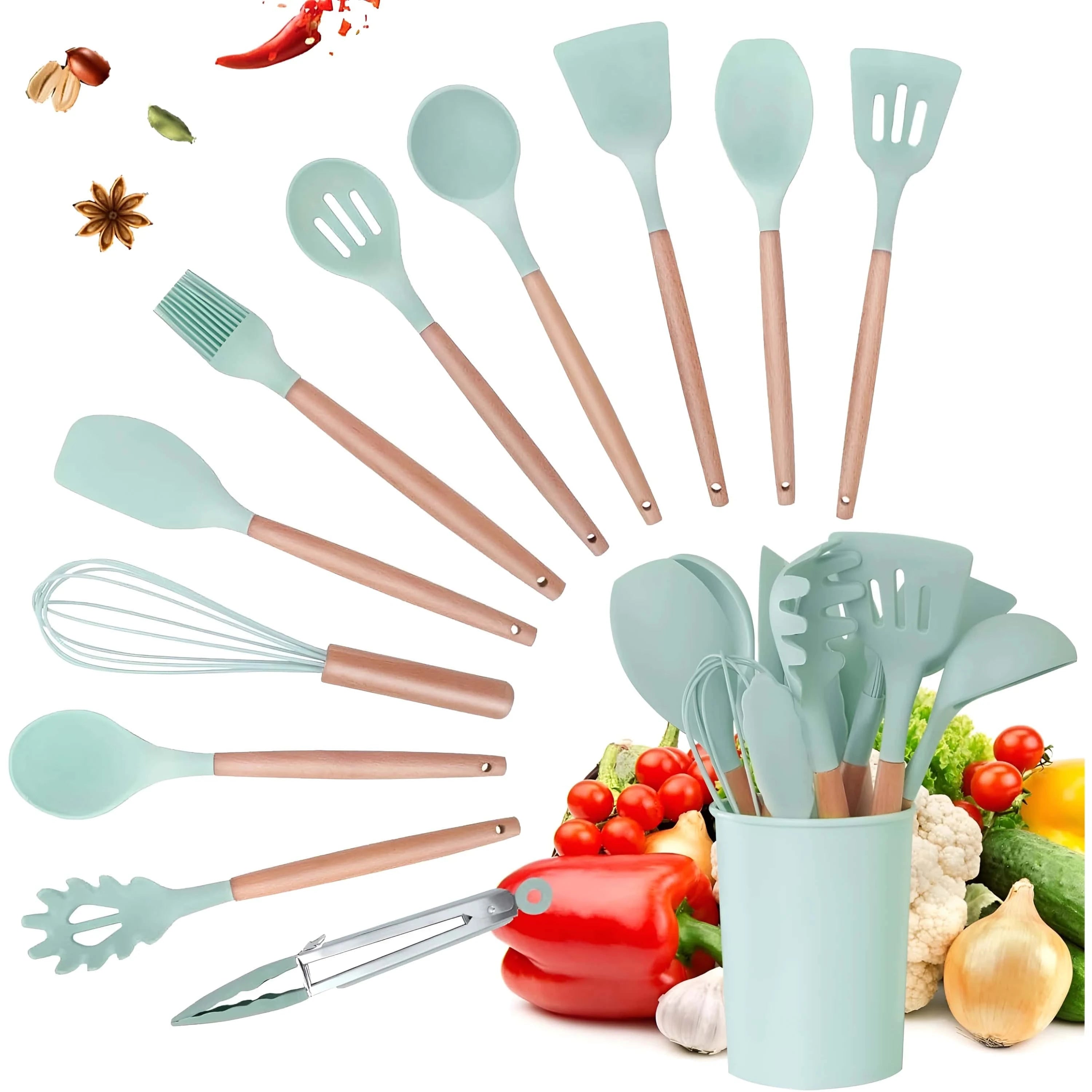 Set of 12 Koken Kitchen Utensils, Wood/Silicone, Plastic Holder, Non-Stick, Heat Resistant, Green/Pink + Spoon Holder