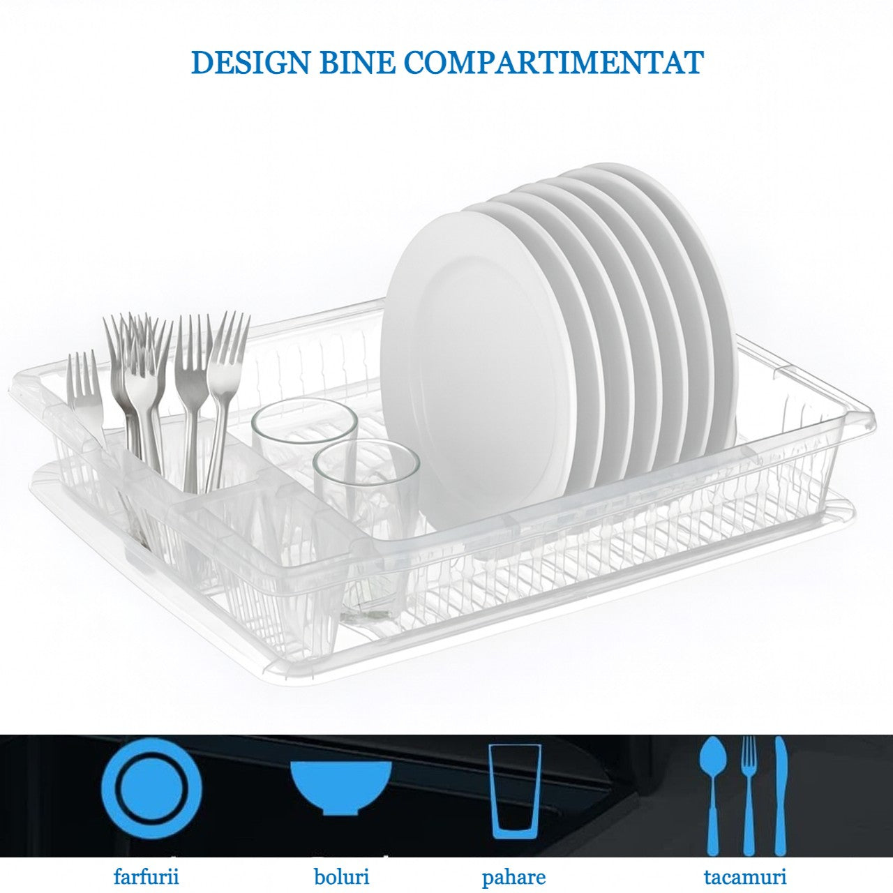 Scurgator Vase, Suport pentru uscat vase, farfurii, tacamuri, pahare si cani Koken, Suport vesela cu tava pentru blatul de bucatarie 45x36,5x8 cm, Transparent