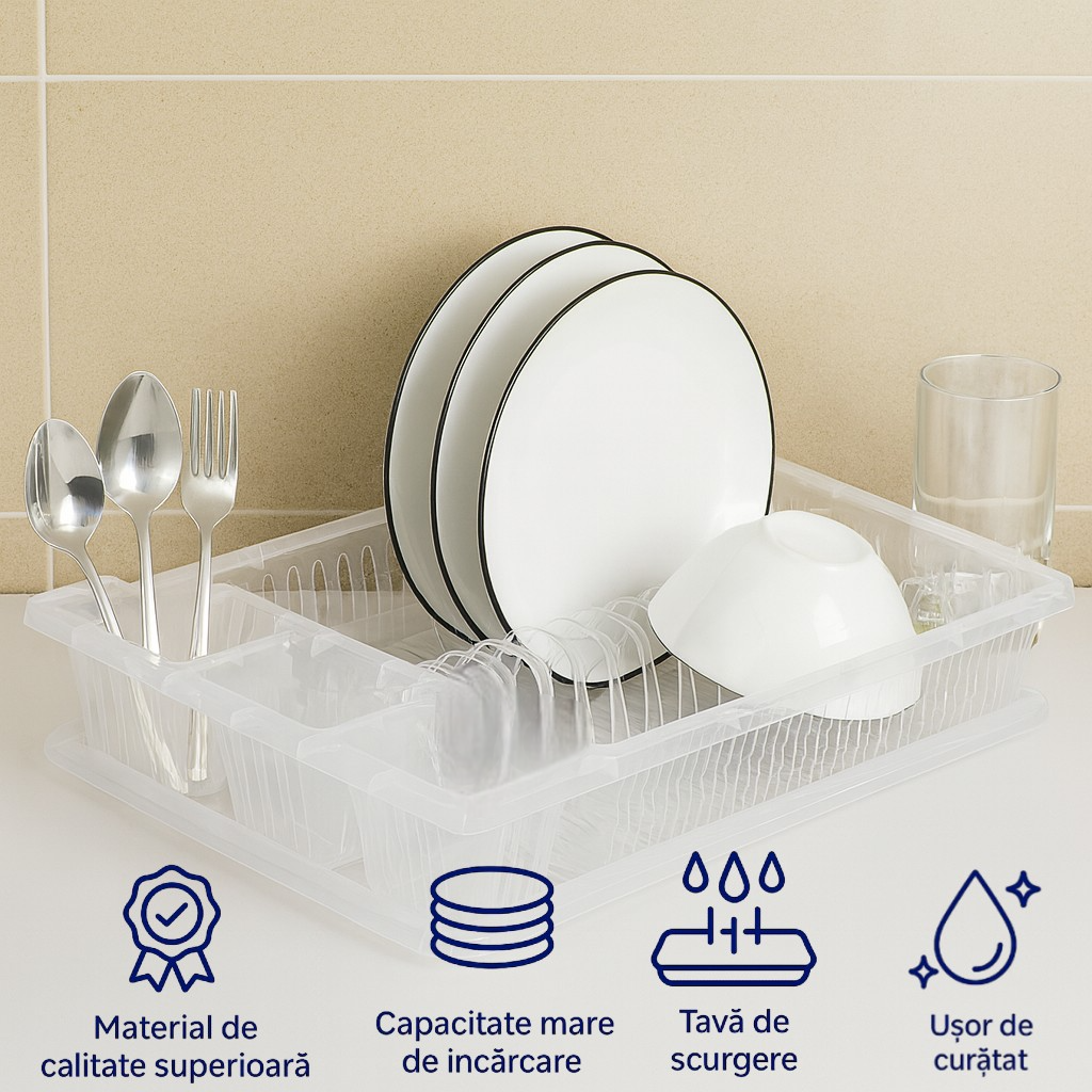 Scurgator Vase, Suport pentru uscat vase, farfurii, tacamuri, pahare si cani Koken, Suport vesela cu tava pentru blatul de bucatarie 45x36,5x8 cm, Transparent