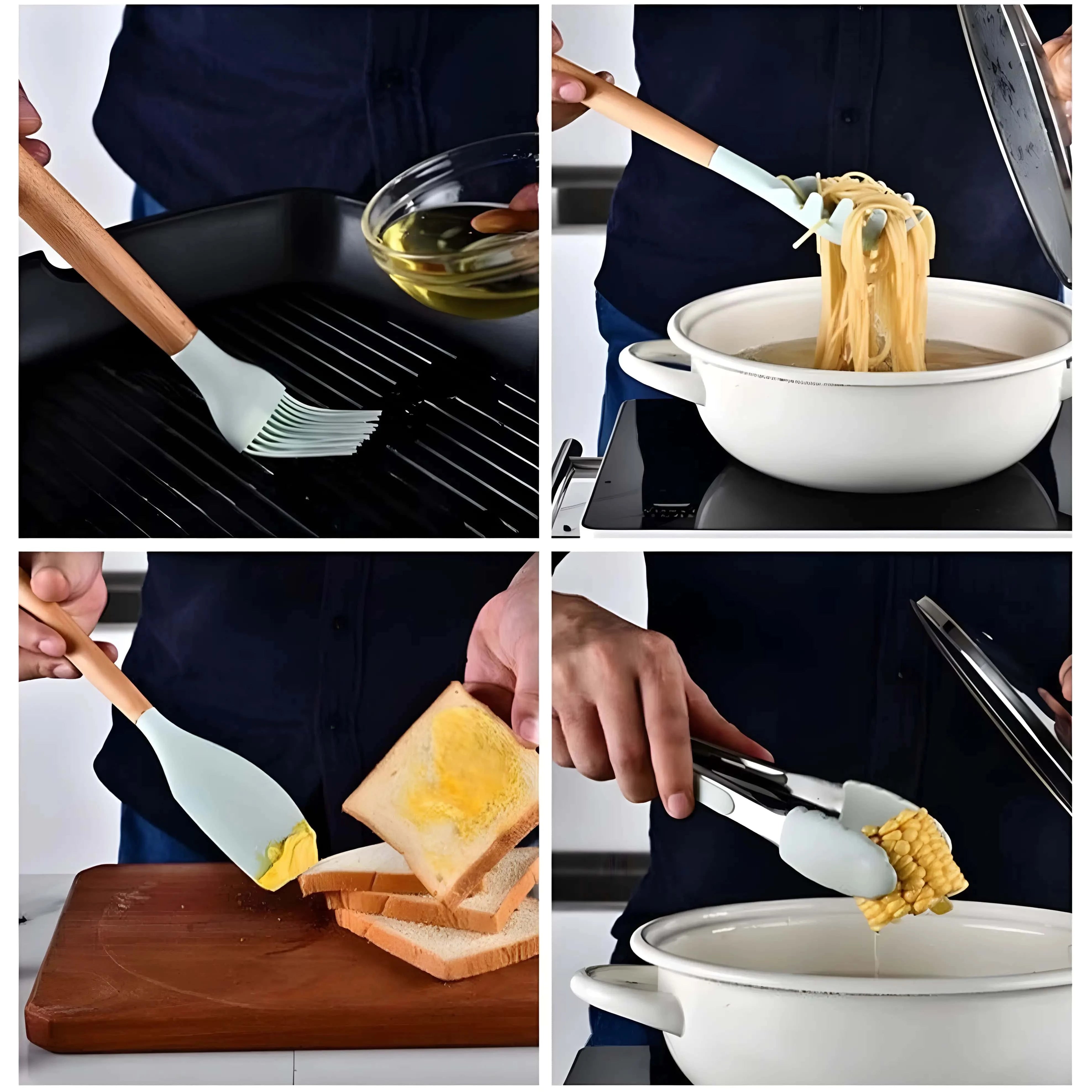 Set of 12 Koken Kitchen Utensils, Wood/Silicone, Plastic Holder, Non-Stick, Heat Resistant, Green/Pink + Spoon Holder