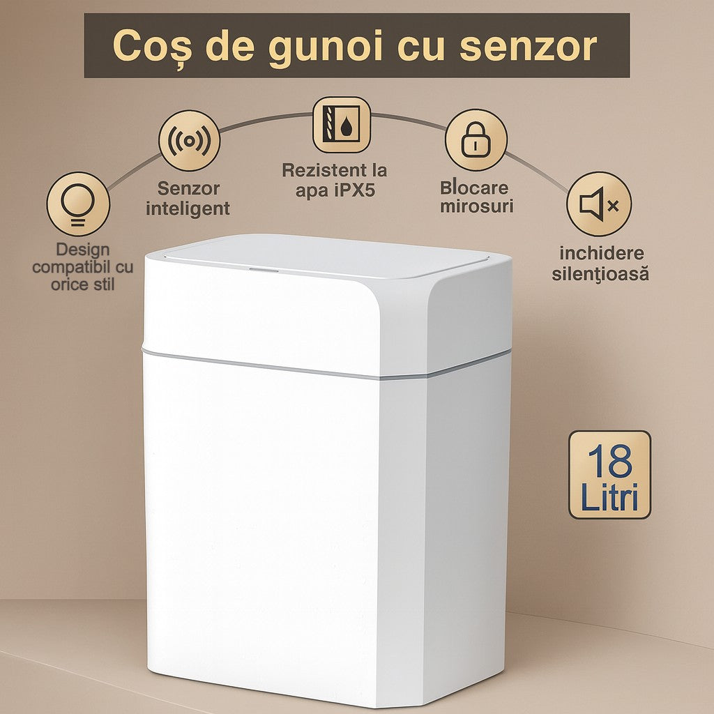 Cos de gunoi cu senzor de miscare infrarosu Koken, 18 L, Cos gunoi bucatarie, capac automat anti-miros, silentios, Rezistent la apa IPX5, Design elegant, 26.5x20.2x31.8 cm, Alb