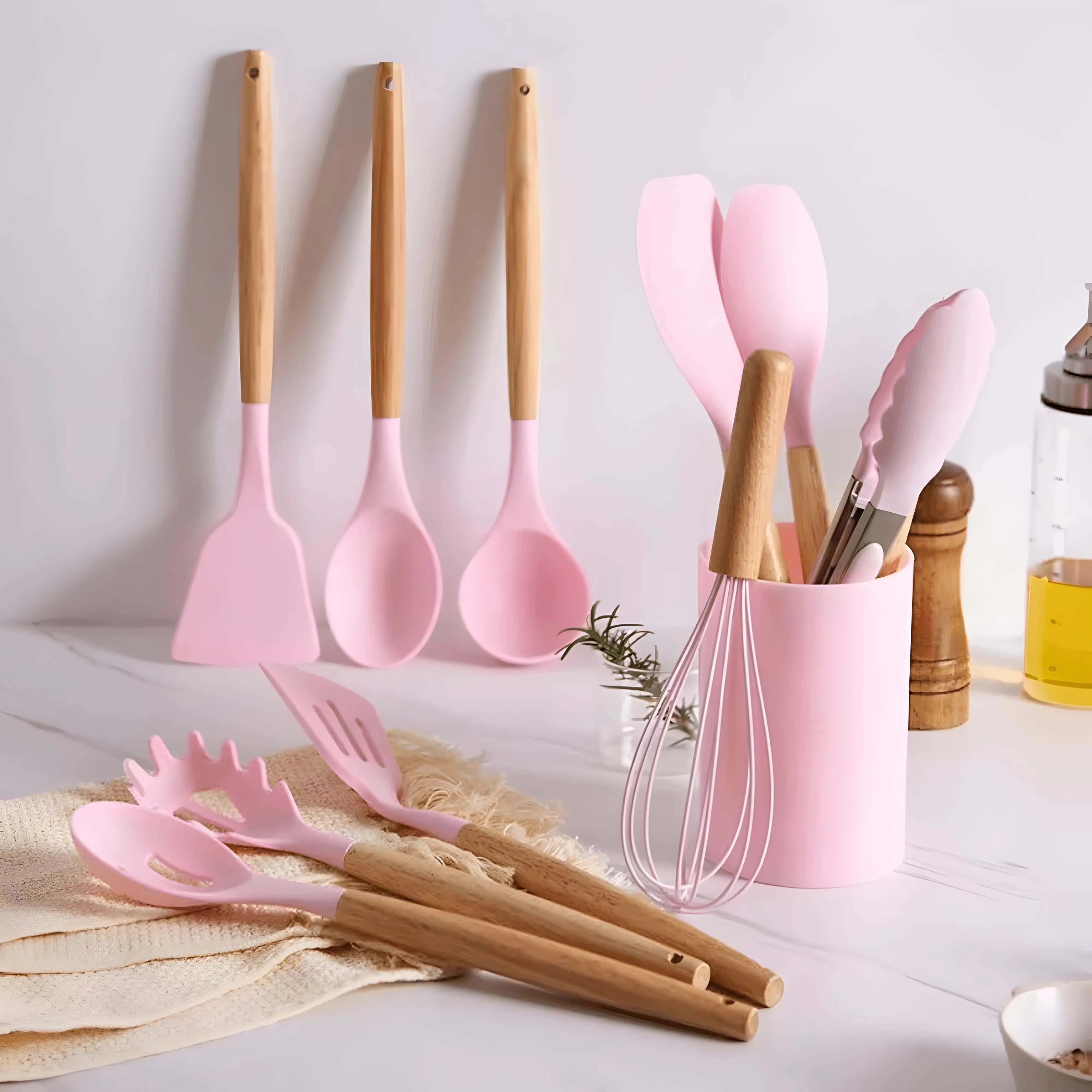 Set of 12 Koken Kitchen Utensils, Wood/Silicone, Plastic Holder, Non-Stick, Heat Resistant, Green/Pink + Spoon Holder