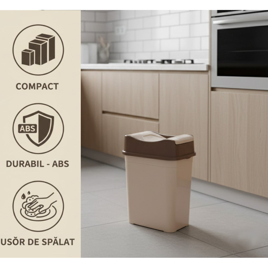 Cos de gunoi 10L Koken, cu capac rabatabil, cos de gunoi bucatarie, baie, birou, compact 38.8 x 18.9 x 24.3 cm, Plastic, Maro-Bej