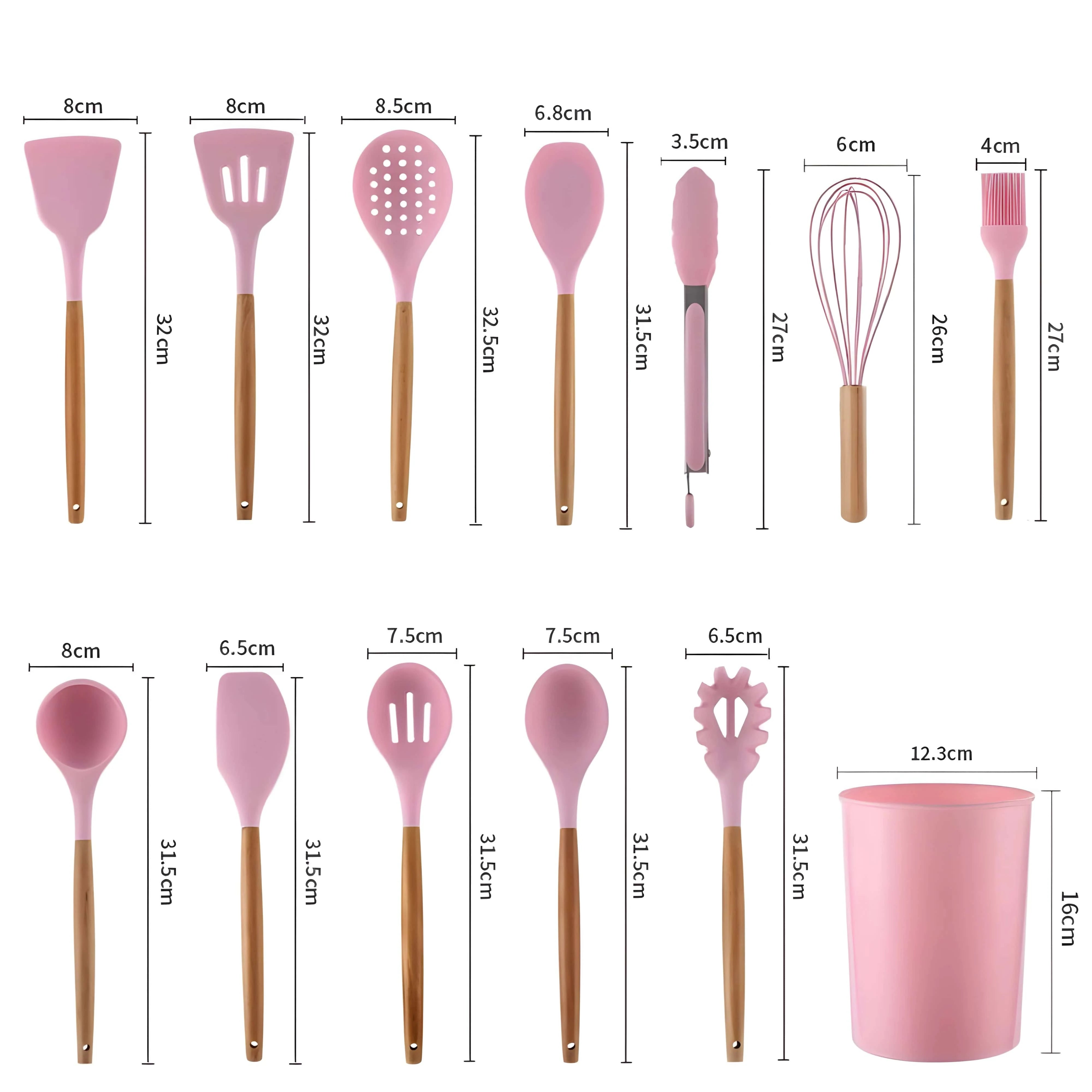 Set of 12 Koken Kitchen Utensils, Wood/Silicone, Plastic Holder, Non-Stick, Heat Resistant, Green/Pink + Spoon Holder