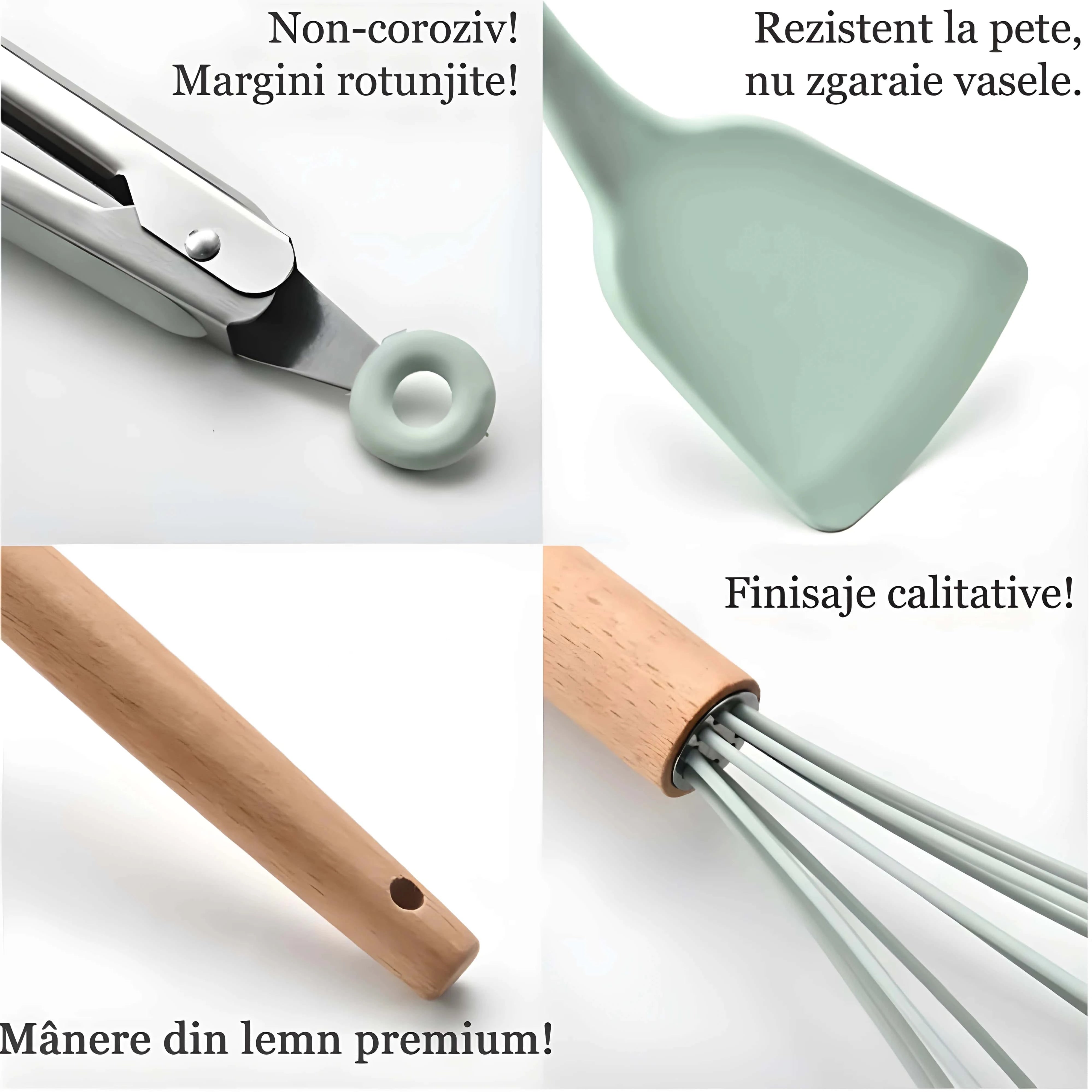 Set of 12 Koken Kitchen Utensils, Wood/Silicone, Plastic Holder, Non-Stick, Heat Resistant, Green/Pink + Spoon Holder