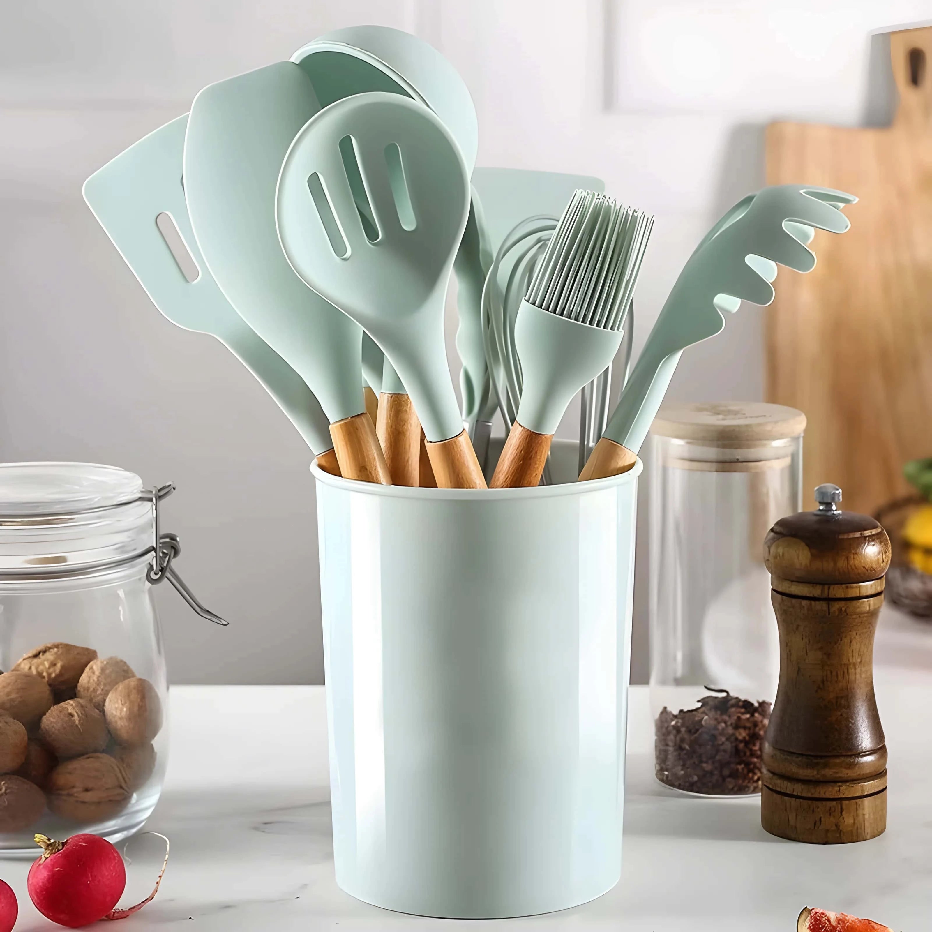 Set of 12 Koken Kitchen Utensils, Wood/Silicone, Plastic Holder, Non-Stick, Heat Resistant, Green/Pink + Spoon Holder