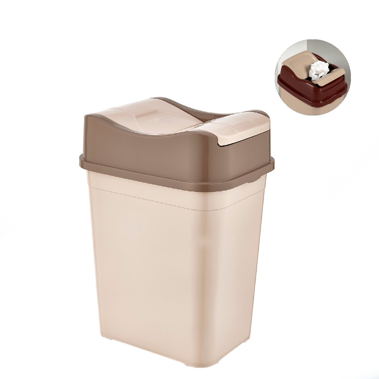 Cos de gunoi 10L Koken, cu capac rabatabil, cos de gunoi bucatarie, baie, birou, compact 38.8 x 18.9 x 24.3 cm, Plastic, Maro-Bej