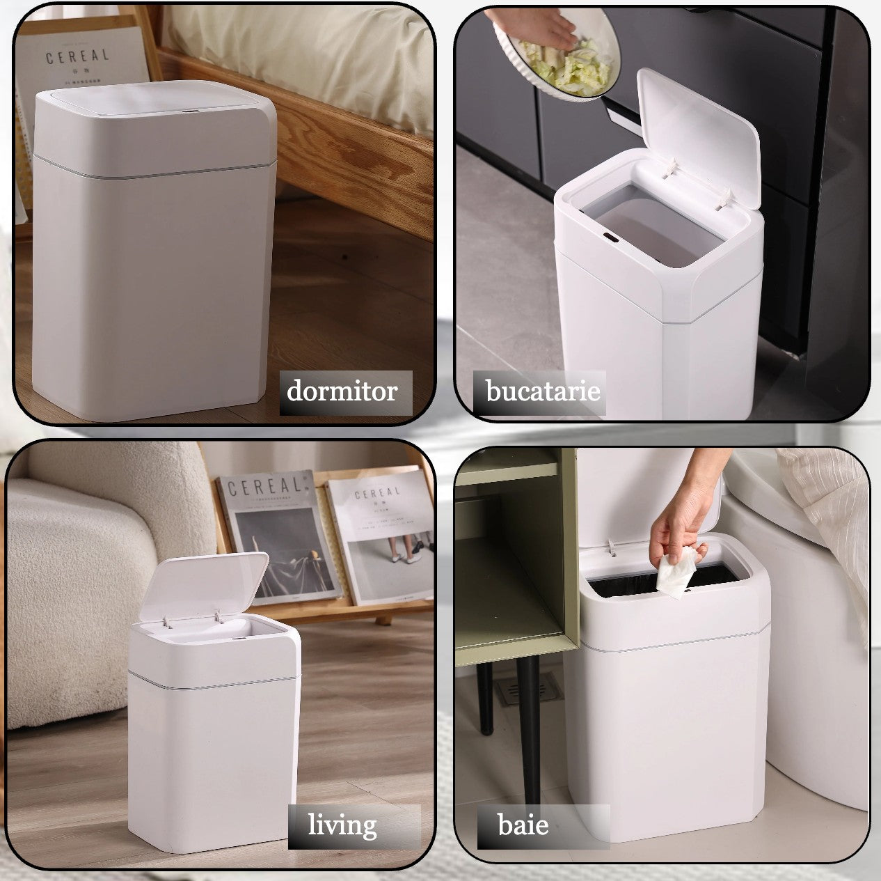 Cos de gunoi cu senzor de miscare infrarosu Koken, 18 L, Cos gunoi bucatarie, capac automat anti-miros, silentios, Rezistent la apa IPX5, Design elegant, 26.5x20.2x31.8 cm, Alb