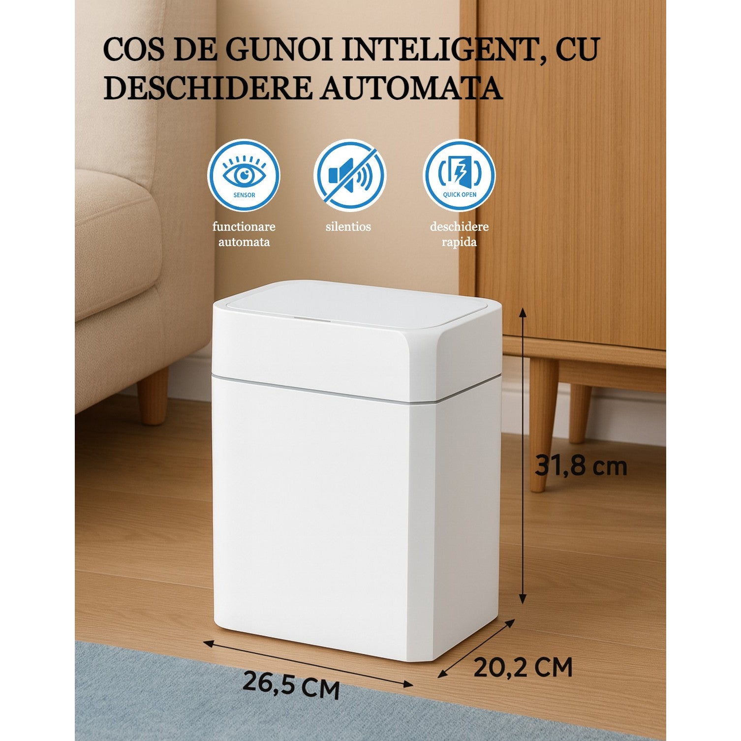 Cos de gunoi cu senzor de miscare infrarosu Koken, 18 L, Cos gunoi bucatarie, capac automat anti-miros, silentios, Rezistent la apa IPX5, Design elegant, 26.5x20.2x31.8 cm, Alb