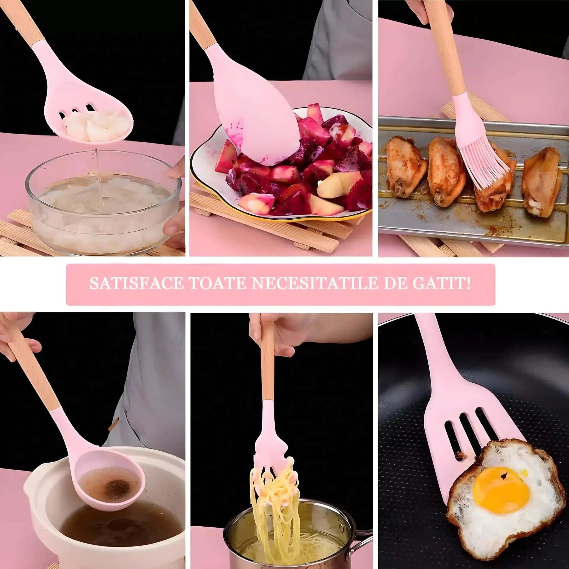 Set of 12 Koken Kitchen Utensils, Wood/Silicone, Plastic Holder, Non-Stick, Heat Resistant, Green/Pink + Spoon Holder