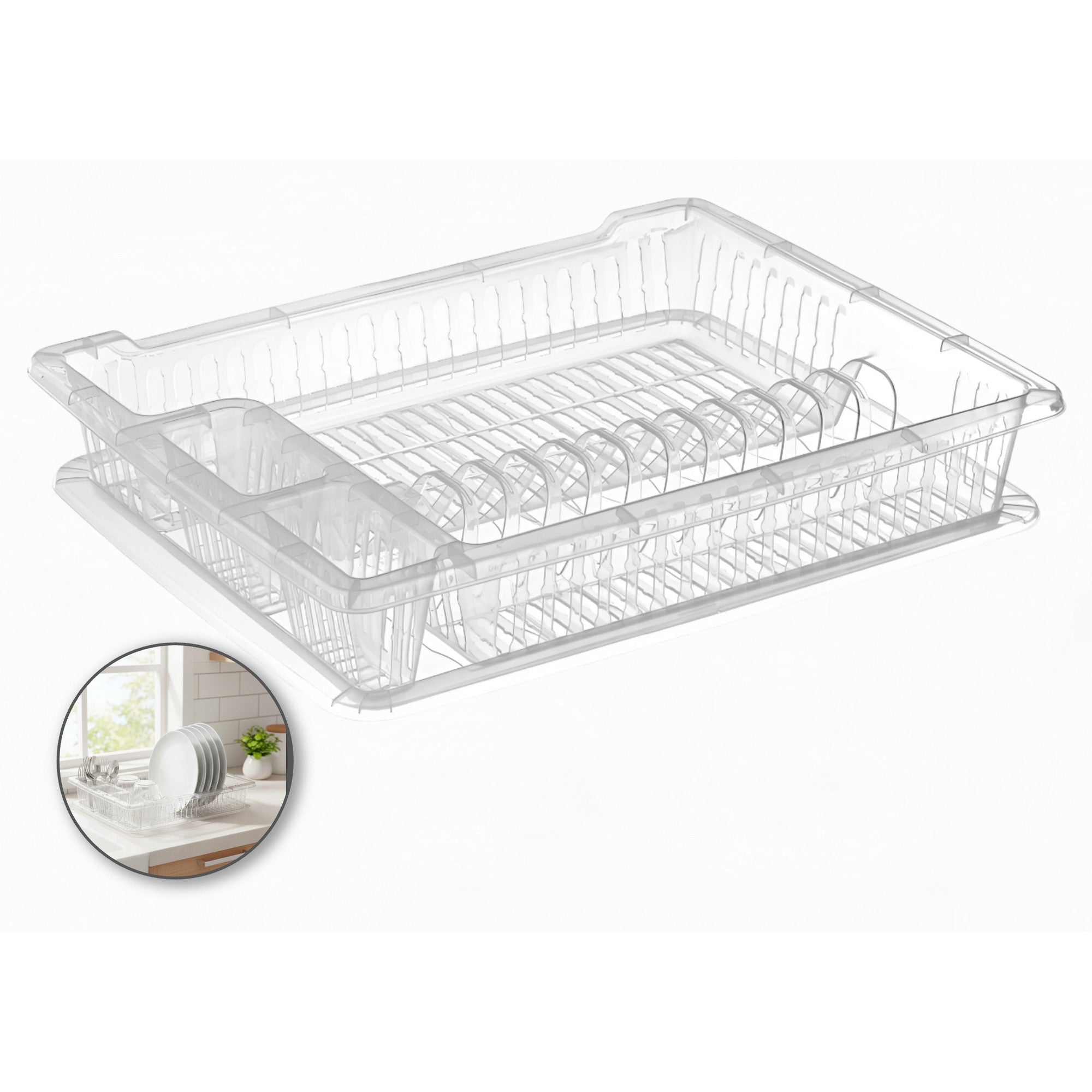 Scurgator Vase, Suport pentru uscat vase, farfurii, tacamuri, pahare si cani Koken, Suport vesela cu tava pentru blatul de bucatarie 45x36,5x8 cm, Transparent