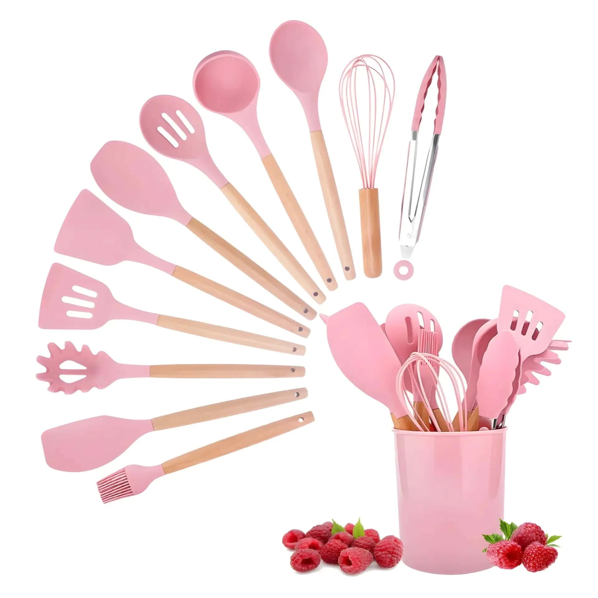 Set of 12 Koken Kitchen Utensils, Wood/Silicone, Plastic Holder, Non-Stick, Heat Resistant, Green/Pink + Spoon Holder