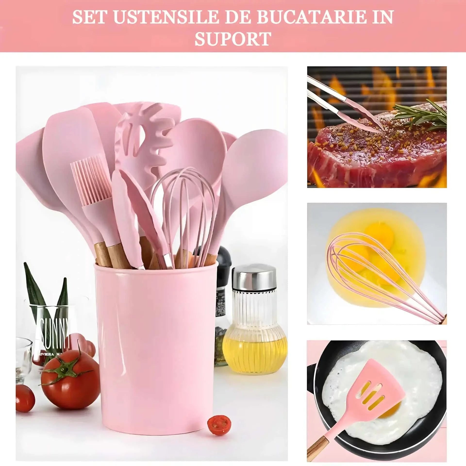 Set of 12 Koken Kitchen Utensils, Wood/Silicone, Plastic Holder, Non-Stick, Heat Resistant, Green/Pink + Spoon Holder