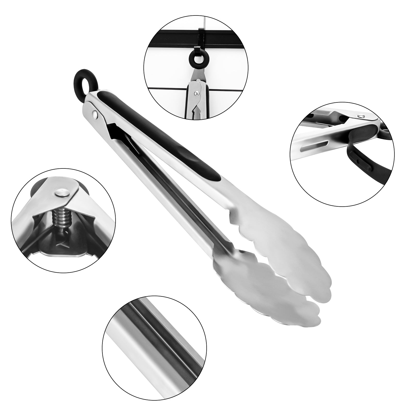 Cleste profesional pentru gratar si bucatarie Koken, Otel inoxidabil/Silicon, Maner Antialunecare, Blocare Practica, gătește și servește cu ușurință, 36x3,8 cm, Negru/Argintiu