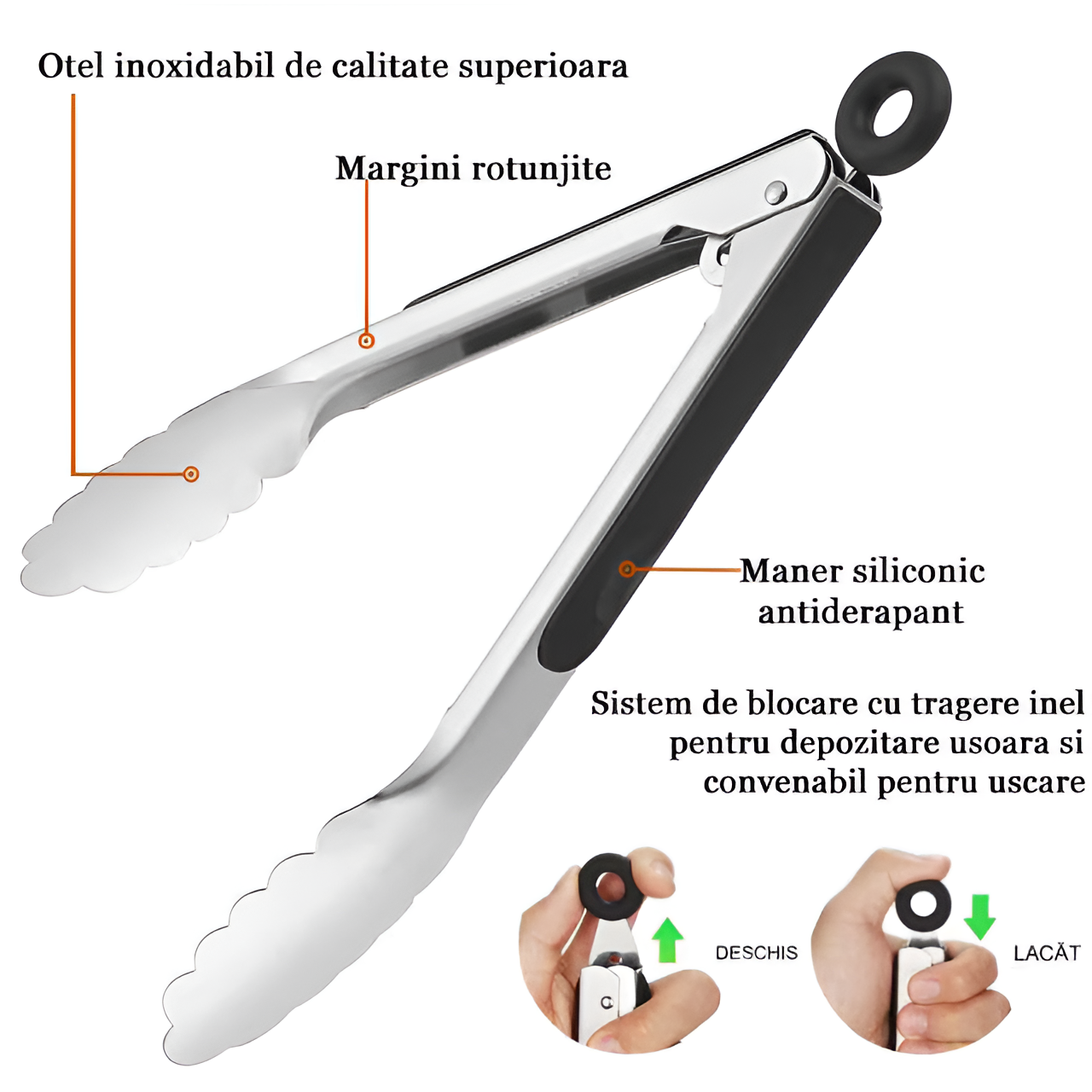 Cleste profesional pentru gratar si bucatarie Koken, Otel inoxidabil/Silicon, Maner Antialunecare, Blocare Practica, gătește și servește cu ușurință, 36x3,8 cm, Negru/Argintiu