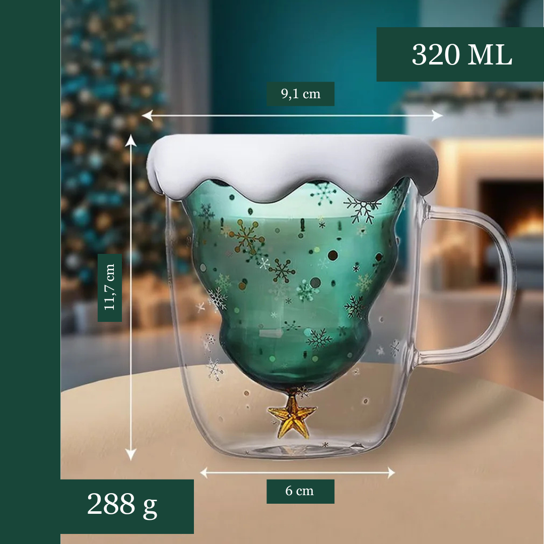Cana cu tematica de Craciun, pentru ceai si cafea din sticla termorezistenta cu pereti dubli Koken, 320 ml, Sticla borosilicata, ceasca eleganta si transparenta