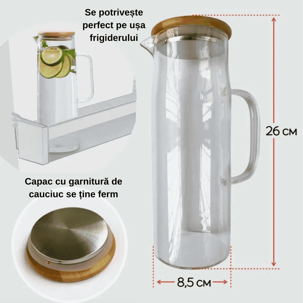 Carafa 1,5 L pentru Apa din sticla borosilicată Koken, recipient cu Capac din bambus si otel inoxidabil, Ulcior 26 x 8,5 cm, rezistenta la apa fierbinte, Transparent/Lemn