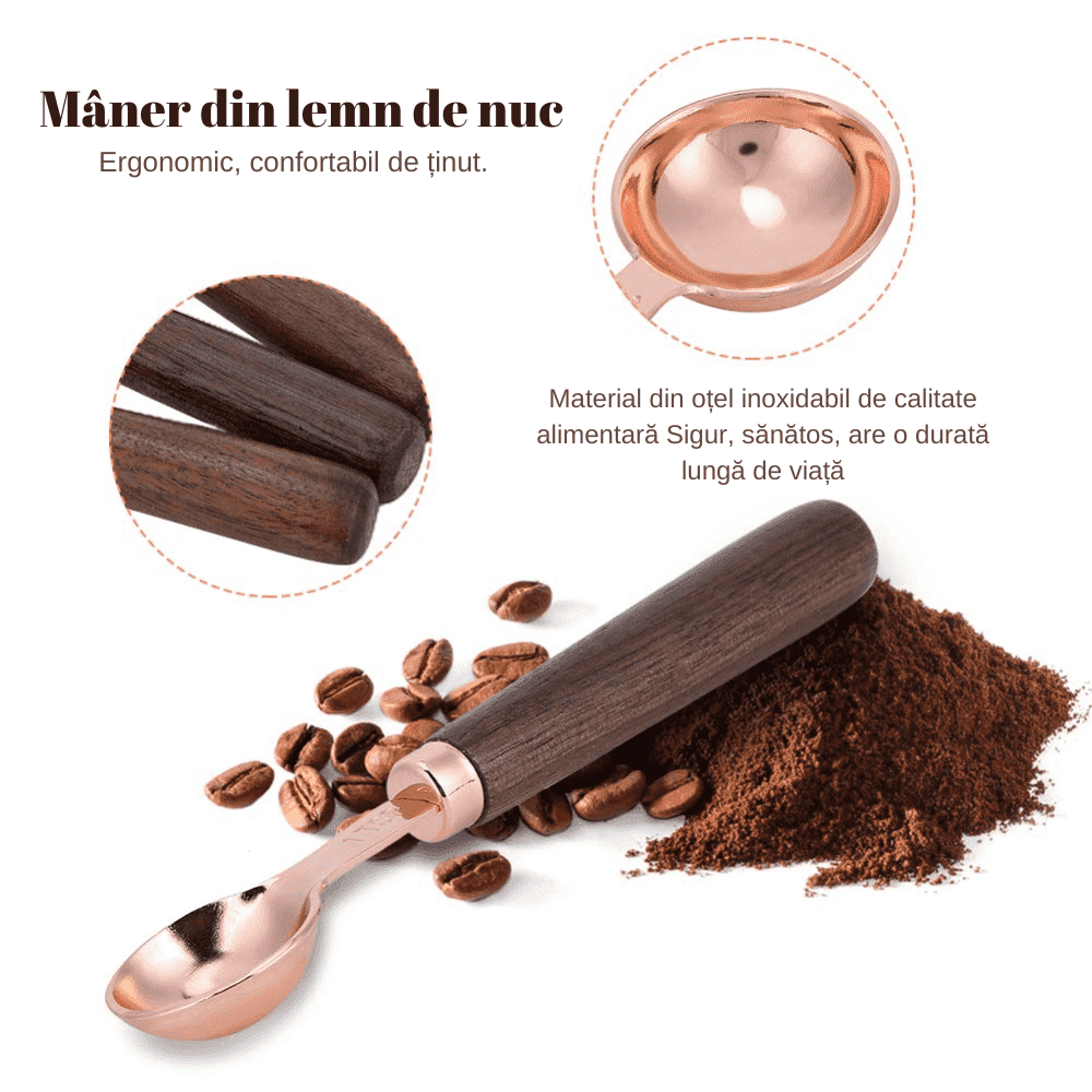 Set 4 Cupe de masurare Koken.ro, Manere din lemn de Nuc, 1,25 ml/2,5 ml/5 ml/15 ml, Ustensile de masurat din Otel inoxidabil, Lingurite gradate, Aurii/Maro - köken
