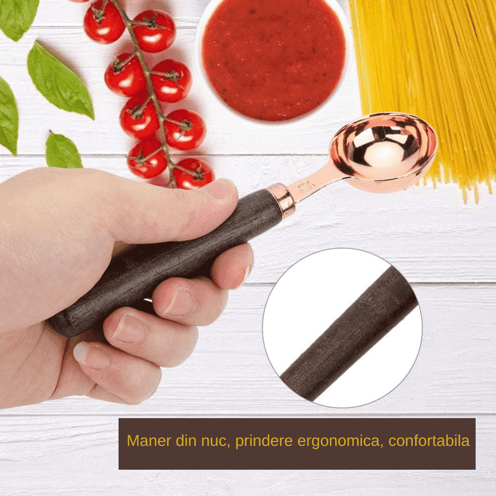 Set 4 Cupe de masurare Koken.ro, Manere din lemn de Nuc, 1,25 ml/2,5 ml/5 ml/15 ml, Ustensile de masurat din Otel inoxidabil, Lingurite gradate, Aurii/Maro - köken