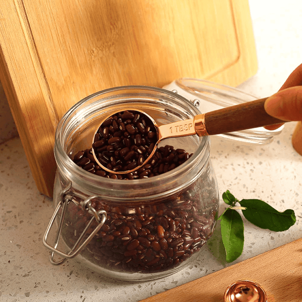 Set 4 Cupe de masurare Koken.ro, Manere din lemn de Nuc, 1,25 ml/2,5 ml/5 ml/15 ml, Ustensile de masurat din Otel inoxidabil, Lingurite gradate, Aurii/Maro - köken