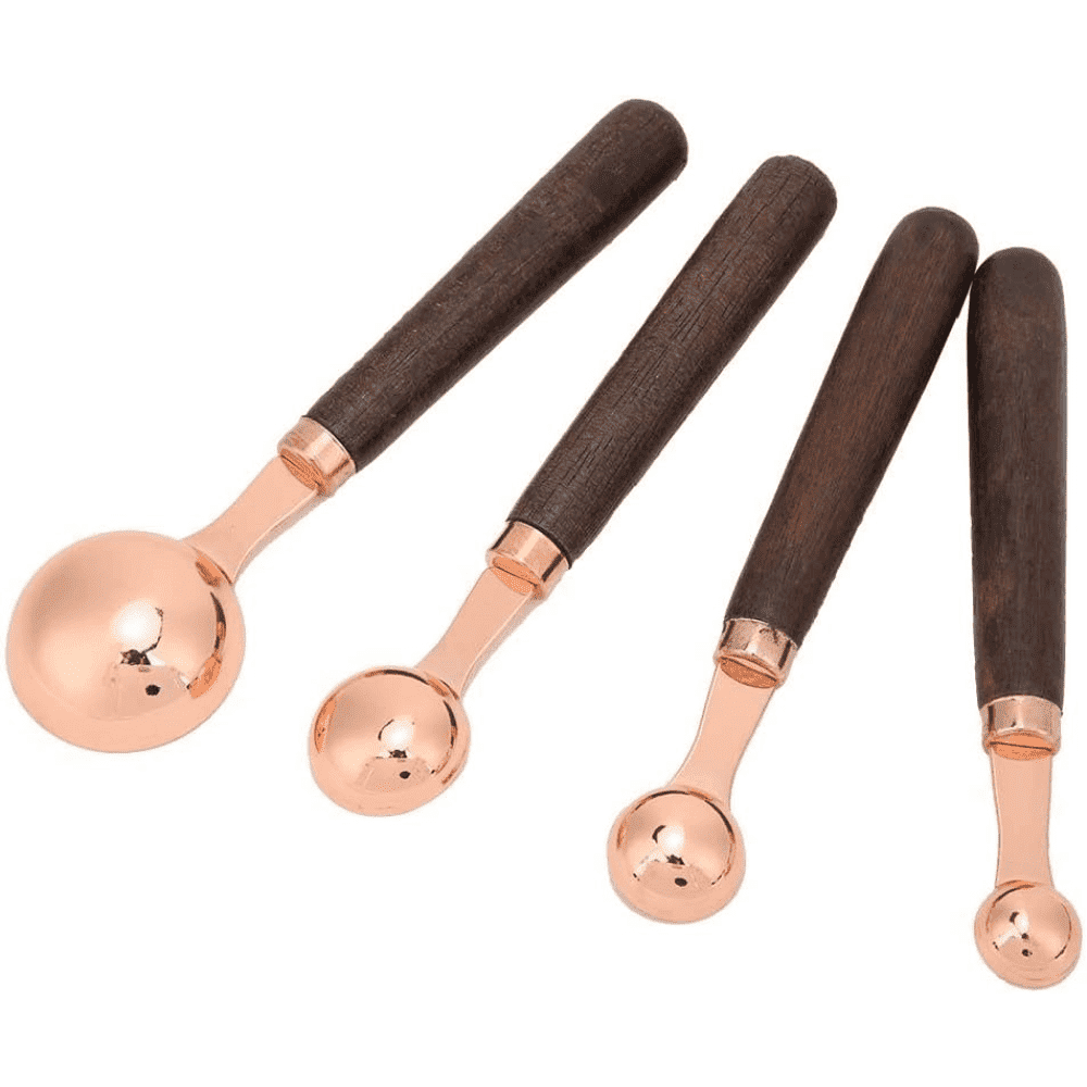 Set 4 Cupe de masurare Koken.ro, Manere din lemn de Nuc, 1,25 ml/2,5 ml/5 ml/15 ml, Ustensile de masurat din Otel inoxidabil, Lingurite gradate, Aurii/Maro - köken