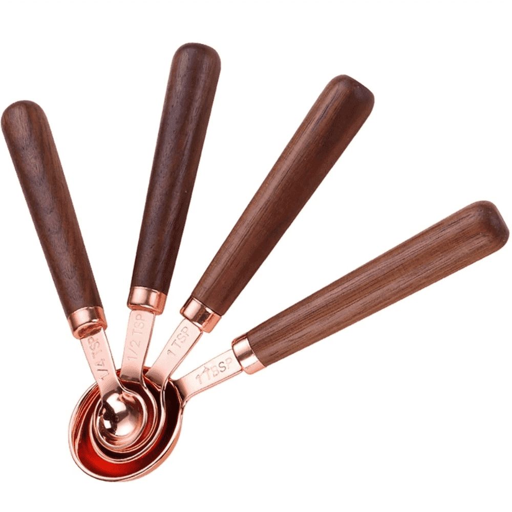Set 4 Cupe de masurare Koken.ro, Manere din lemn de Nuc, 1,25 ml/2,5 ml/5 ml/15 ml, Ustensile de masurat din Otel inoxidabil, Lingurite gradate, Aurii/Maro - köken